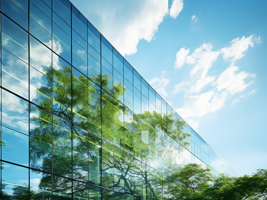 Das Bild zeigt ein modernes Gebäude mit Glasfassade, in der sich ein lebendiger, grüner Baum und ein strahlend blauer Himmel mit einigen Wolken spiegeln. Die Glasfront des Gebäudes reflektiert die Umgebung und vereint so die natürlichen Elemente mit der modernen Architektur. Das Ergebnis ist eine harmonische Verschmelzung von Natur und urbanem Design.