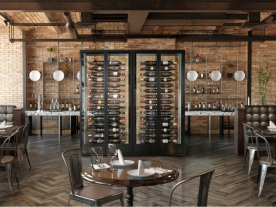 Design Weinlokal mit Weinklimaschrank als Insellösung mit seitlichen Glastüren.