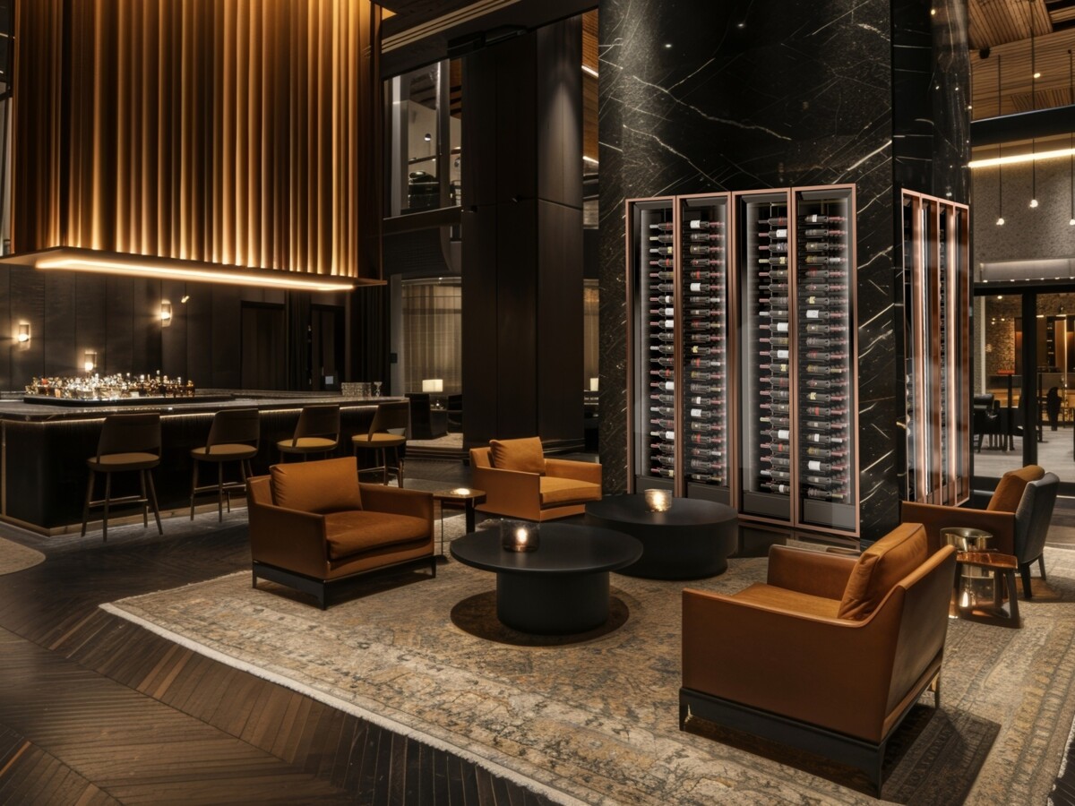Sofa Lounge in einer Bar mit einem Design Weinklimaschrank im Hintergrund. Es ist ein sehr edler Weinschrank. 
